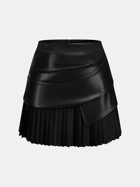 Commense Black Faux Leather Wrap Pleated Mini Skirt